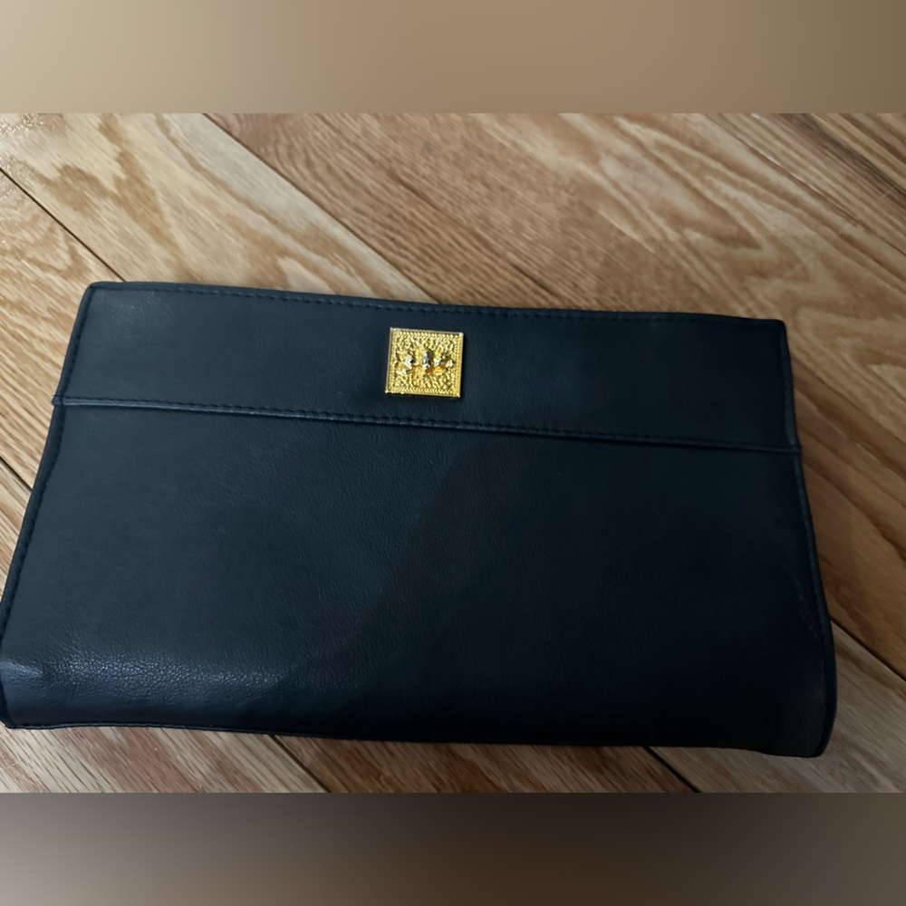 Classic navy blue Leather Wristlet Clutch with Gold Plaque